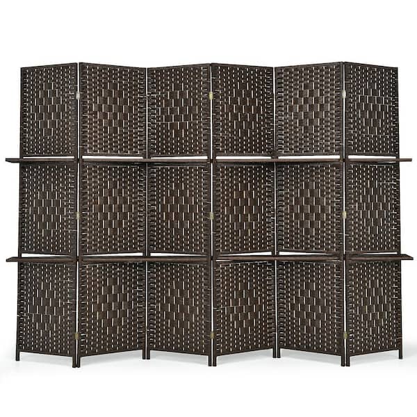 71 in. 6 Panel Folding Room Divider 6Ft Weave Fiber Screen W/ 2 Display Shelves Brown