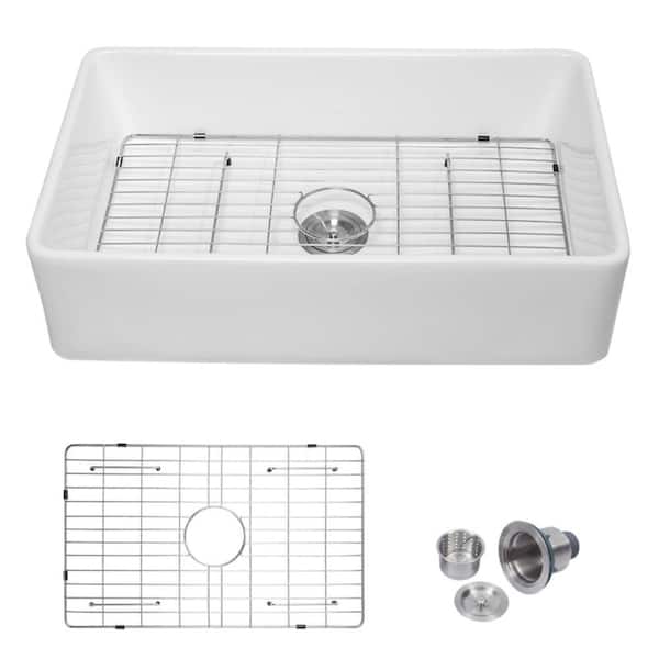 33 in. Apron-Front Farmhouse Single Bowl White Ceramic Kitchen Sink with Bottom Grids＆Basket Strainer