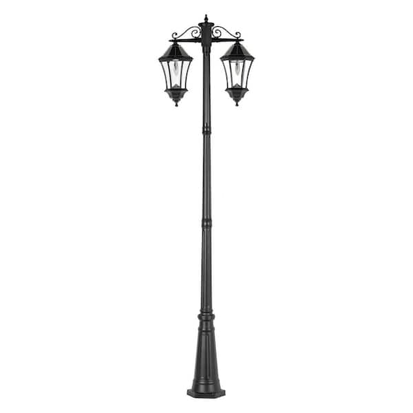 Victorian Morph 2-Light Black Outdoor Solar Lamp Post Light Warm White LED Bulb with Waterproof Aluminum Pole