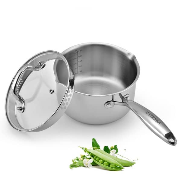 2.5 qt. Stainless Steel Saucepan Round Silver Finish Induction Compatible Kitchen Cookware with Glass Lid