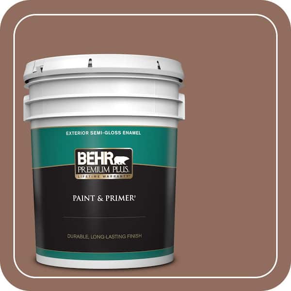 BEHR PREMIUM PLUS 5 gal. #220F-6 Chocolate Curl Semi-Gloss Enamel Exterior Paint & Primer