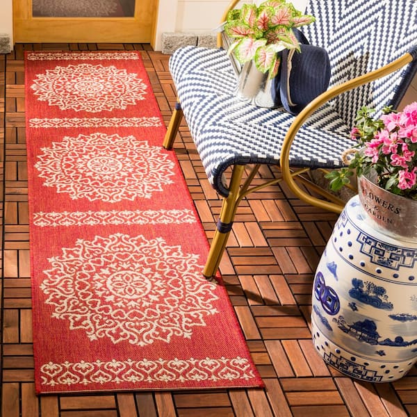Beach House Red/Cream 2 ft. x 8 ft. Medallion Indoor/Outdoor Patio  Runner Rug