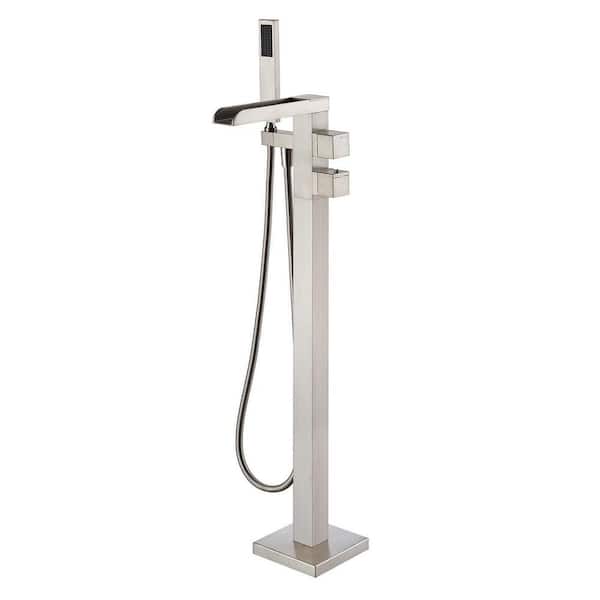 Thermostatic Freestanding Tub Filler Waterfall Spout Floor Mount 360° Swivel with Handheld Brushed Nickel