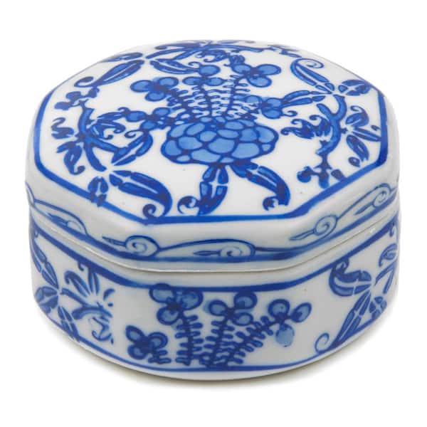 Oriental Furniture 3 in. Floral Blue and White Small Porcelain Jewelry Box