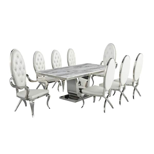 Best Quality Furniture Ada 9-Piece Rectangular White Marble Top With Stainless Steel Base Table Set With 6 Faux Leather And 2 Arm Chairs