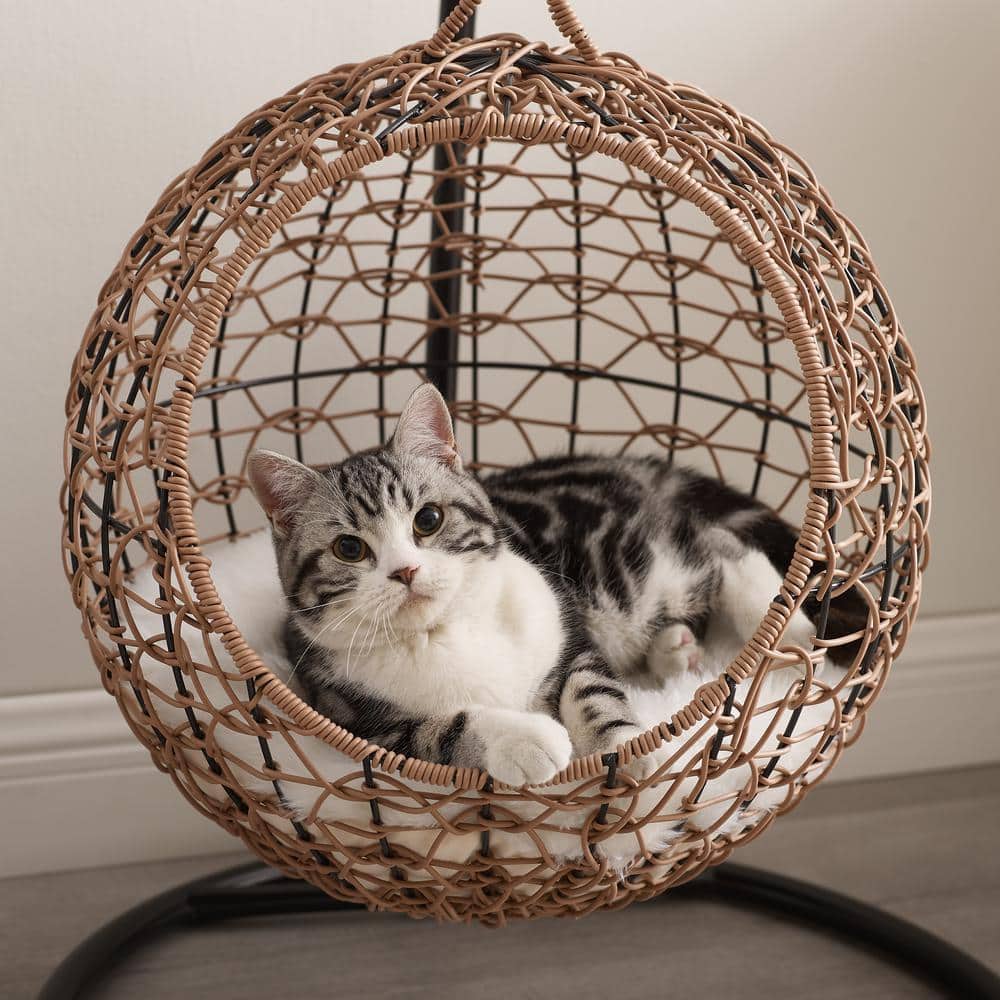 Medium Brown Rattan Hanging Egg Cat Condo with Cotton Cushion