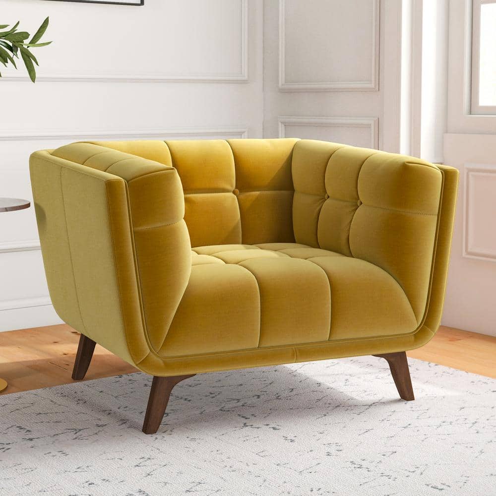 Mid-Century Modern Yellow Velvet Accent Chair with Wood Legs