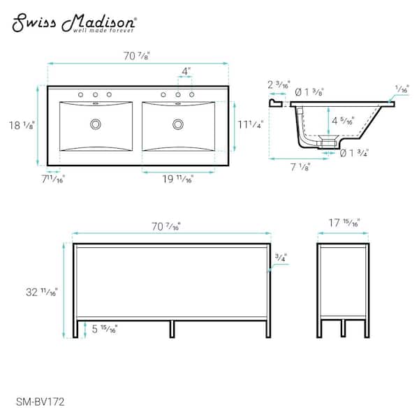 Swiss Madison Pierre 72 Double, Freestanding, Open Shelf, Matte