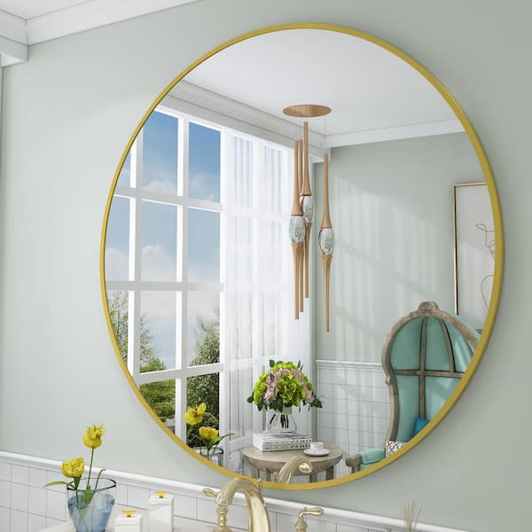 Apmir 40 in. W x 40 in. H Round Aluminum Alloy Framed French Cleat Mounted Wall Decor Bathroom Vanity Mirror in Matte Gold