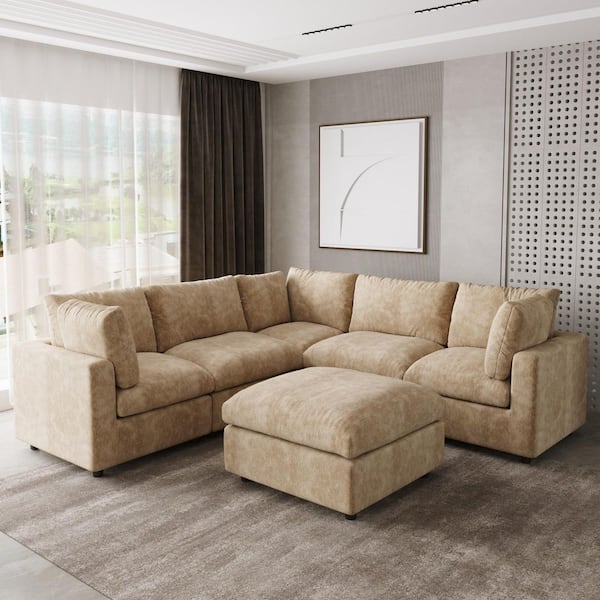 J&E Home 100.5 in. Square Arm 6 Piece Chenille Modular Free Combination Sectional Sofa Couch with Ottoman in Brown