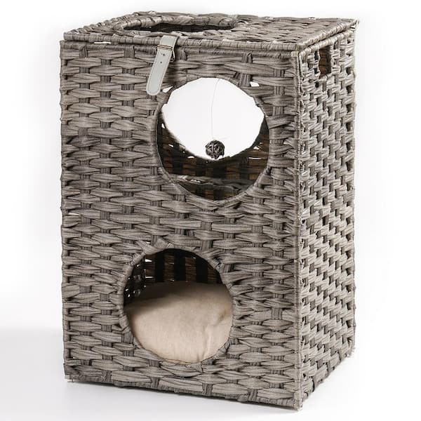 cenadinz Any Size Grey Rattan Cat Litter Cat Bed with Rattan Ball and Cushion