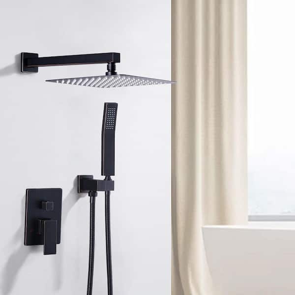 Single Handle 1-Spray Dual Wall Mount 12 in. Fixed and Handheld Shower Head 1.8 GPM with Brass Rough-in Valve in Bronze