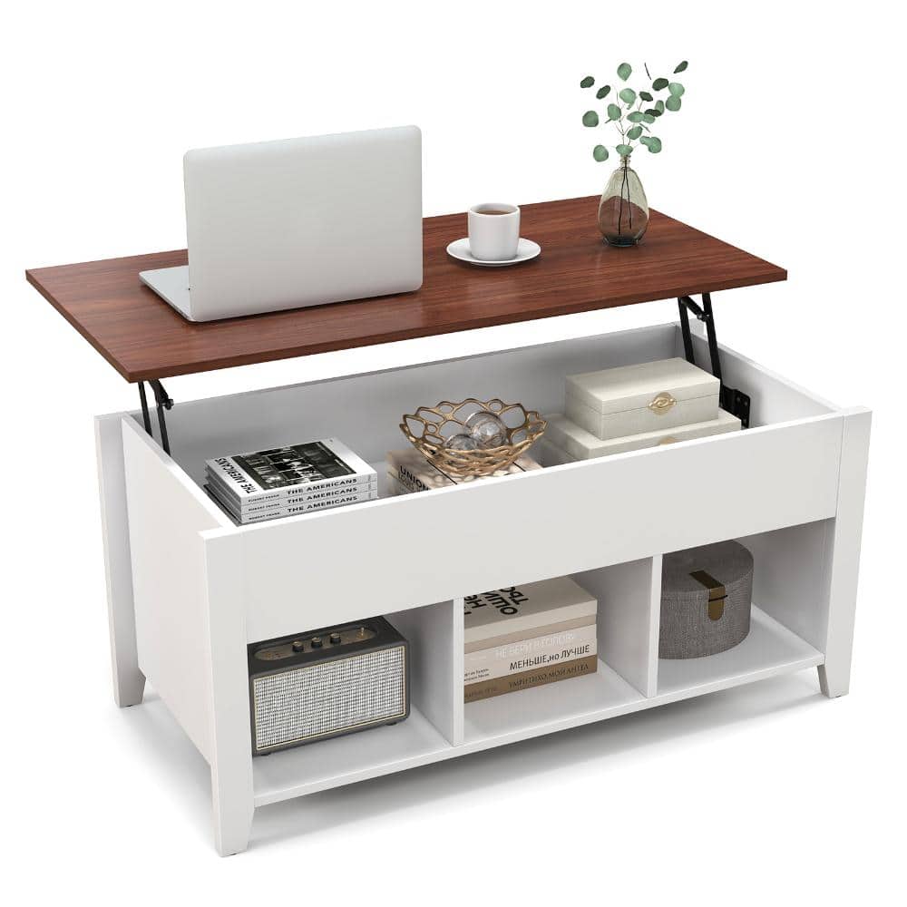 41 in. White Rectangle Wood Lift Top Coffee Table with Hidden Storage and 3 Open Shelves