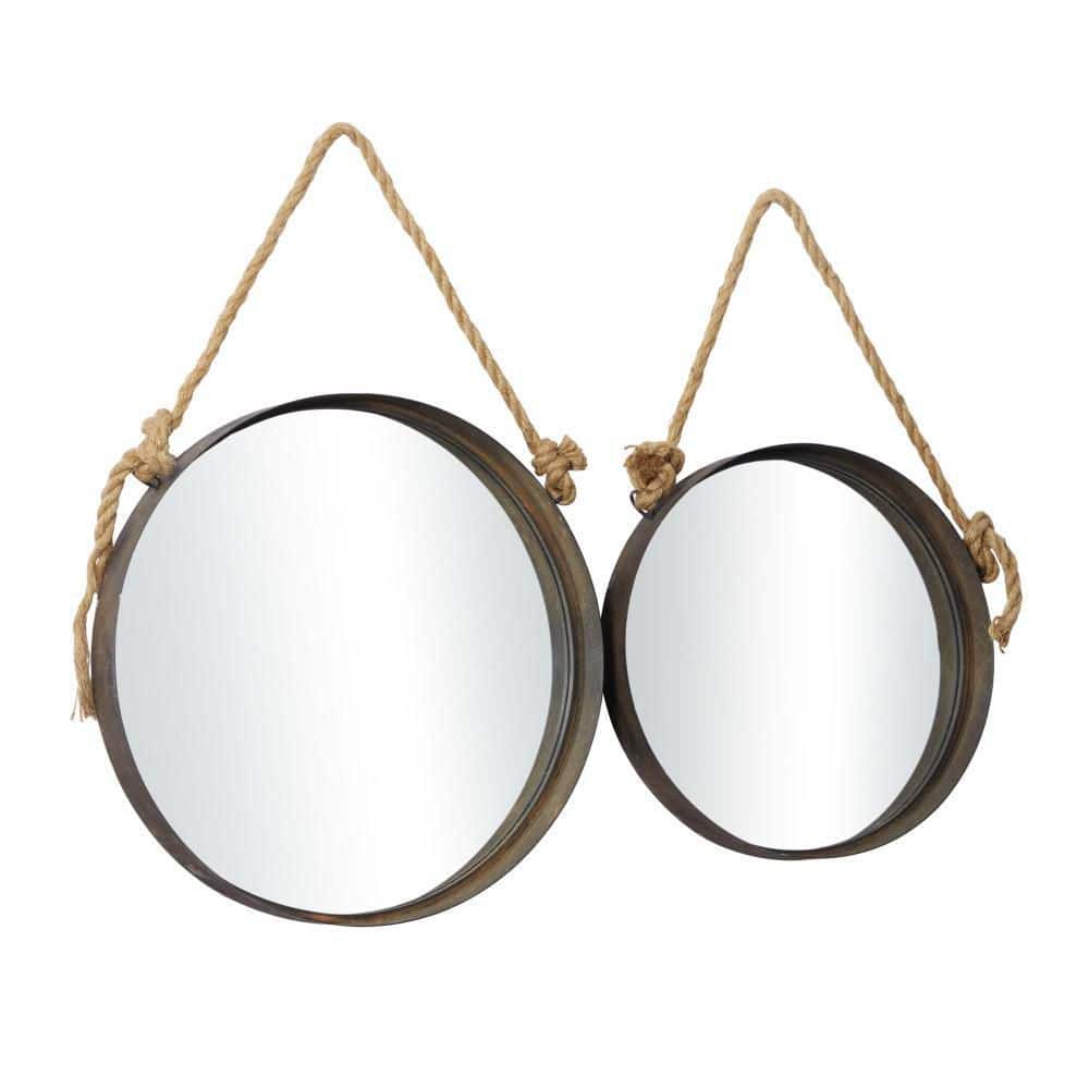 Brown Round Metal Wall Mirrors with Jute Rope Set