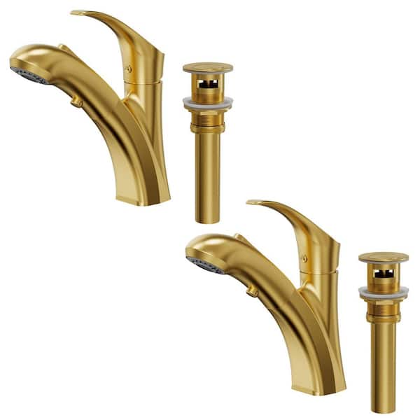 2-Spray Single-Handle Single-Hole Pull Out Sprayer Bathroom Sink Faucet with Drain Included in Brushed Gold 2-Pack