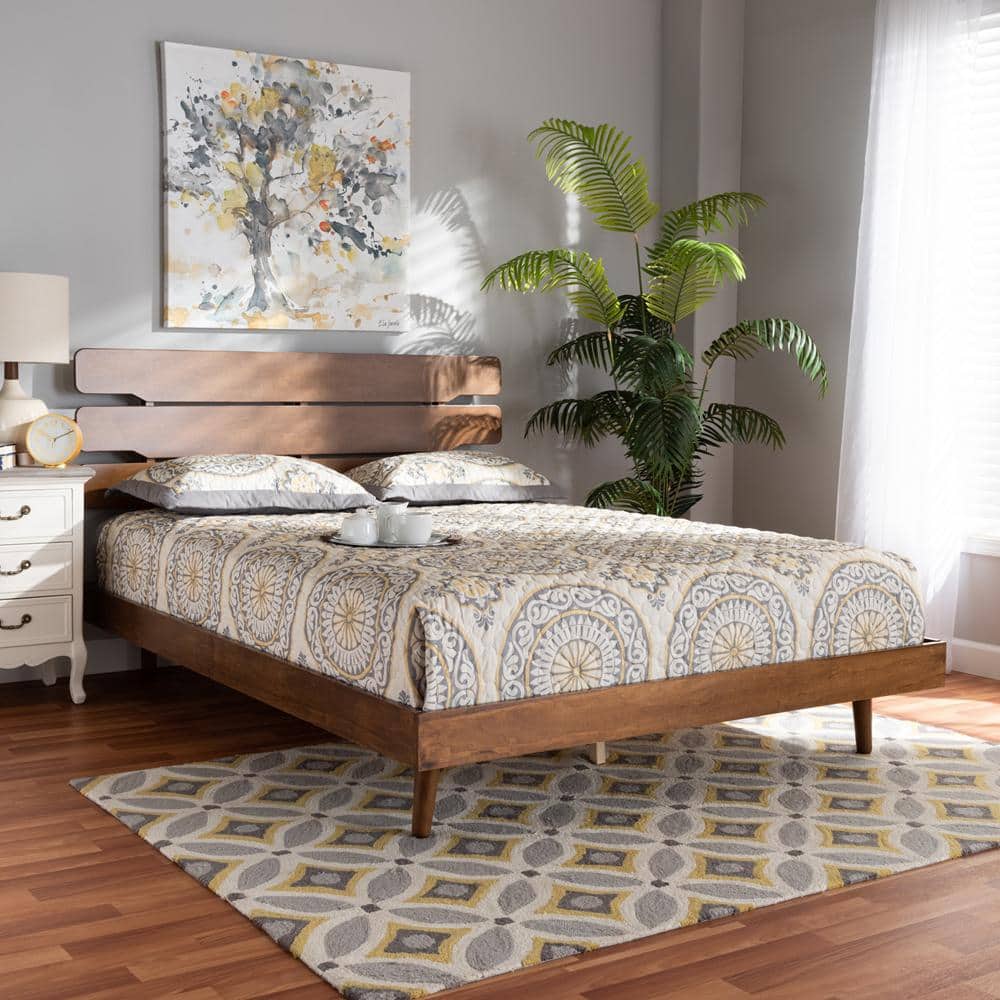 Queen Walnut Rubberwood Platform Bed with Slatted Headboard