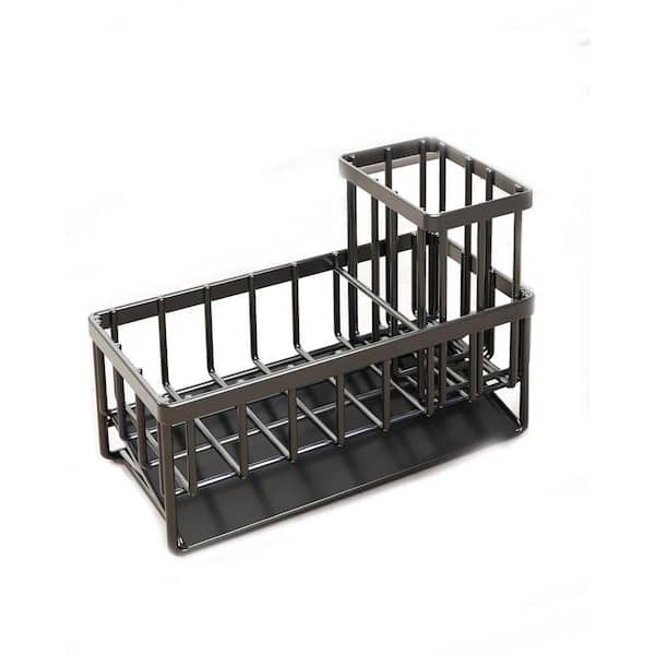 Stainless Steel Kitchen Sink Caddy with Auto-Drainage System, Sponge and Brush Holder, Black Finish, 7.9" x 3.7" x 6.2"
