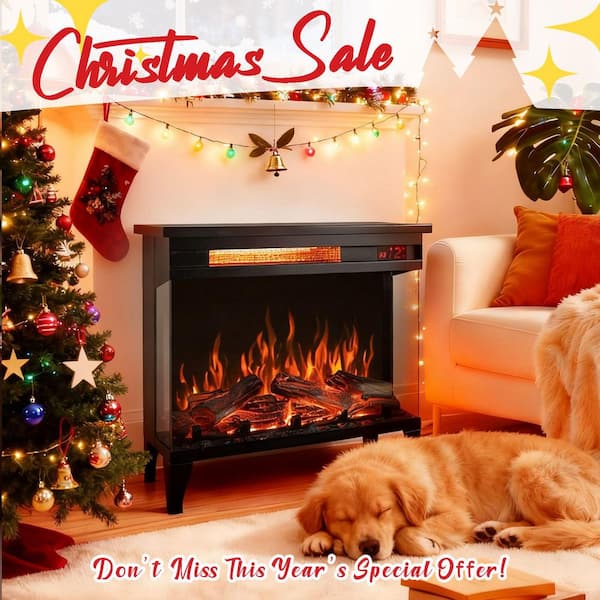 24 in. Freestanding Sheet Metal with 3-Sided Glass and Various Flame Colors Electric Fireplace in Antique Black