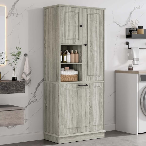 30 in. W x 14 in. D x 68 in. H Gray Linen Cabinet, Bathroom Storage Cabinet, Large Flip-Out Basket, Adjustable Shelves