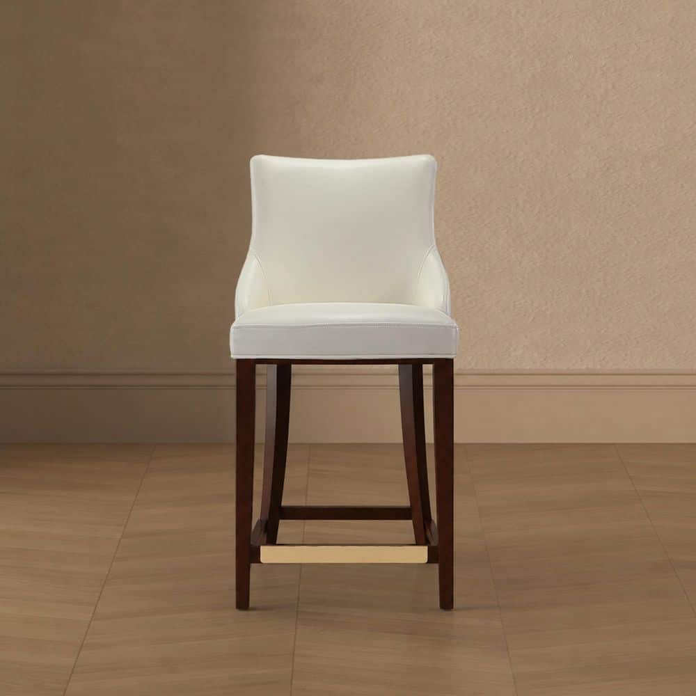 Shubert 25.98 in. Ivory Beech Wood Counter Stool with Faux Leather Upholstered Seat