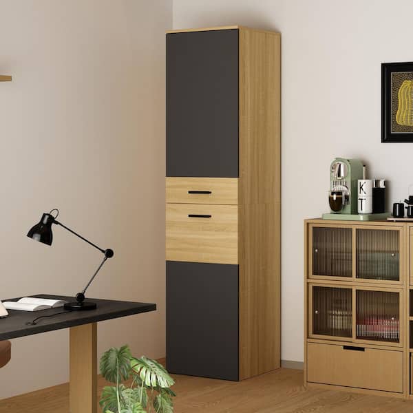 FUFU&GAGA 72.2 in. Tall Dark Gray and Wood 6-Shelf Standard Bookcase with Interior Shelves, Accent Storage Cabinet, Sideboard