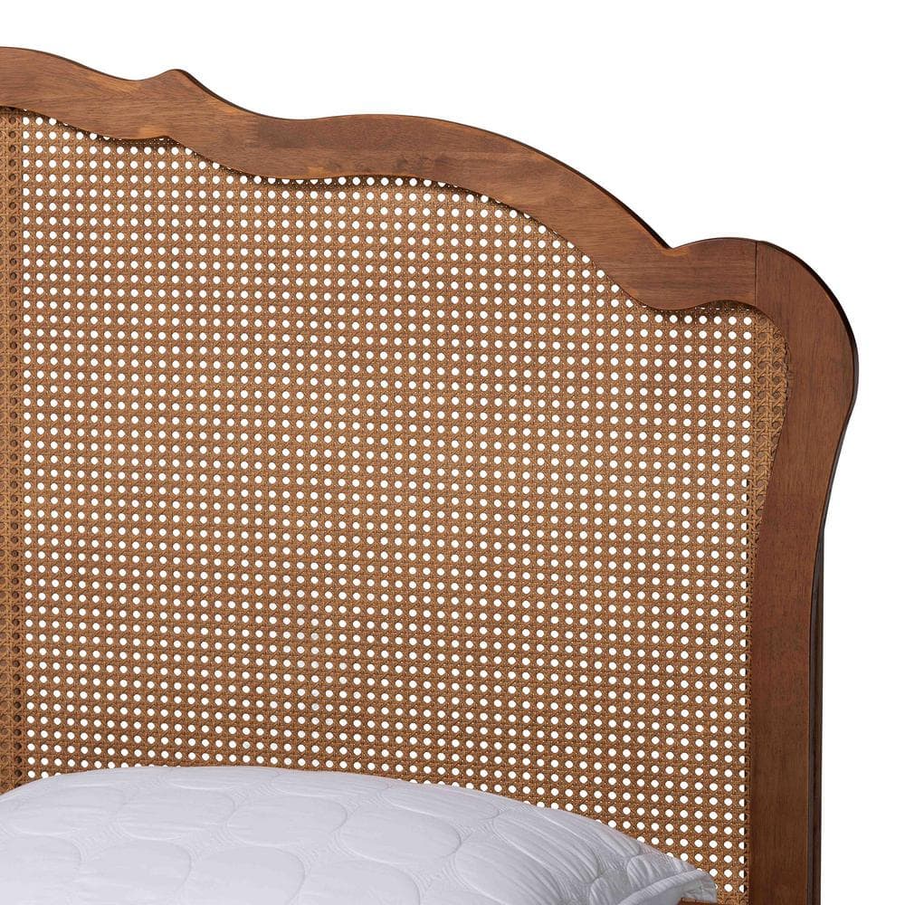 Walnut Brown Queen Wood Frame Platform Bed with Rattan Headboard