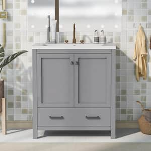 30 in. W x 18 in. D x 34 in. H Single Sink Freestanding Bath Vanity in Gray with White Resin Top