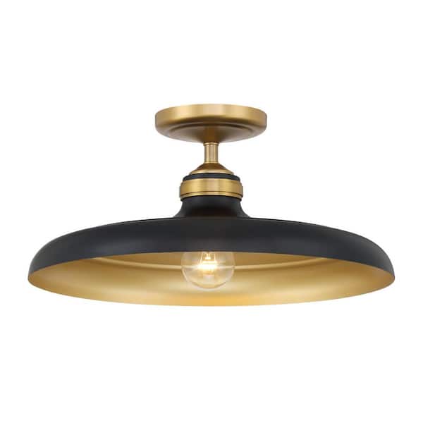 Crowne 16 in 1-Light Dark Matte Black and Legacy Brass Vintage Semi-Flush Mount with Round Metal Shade, No Bulb Included