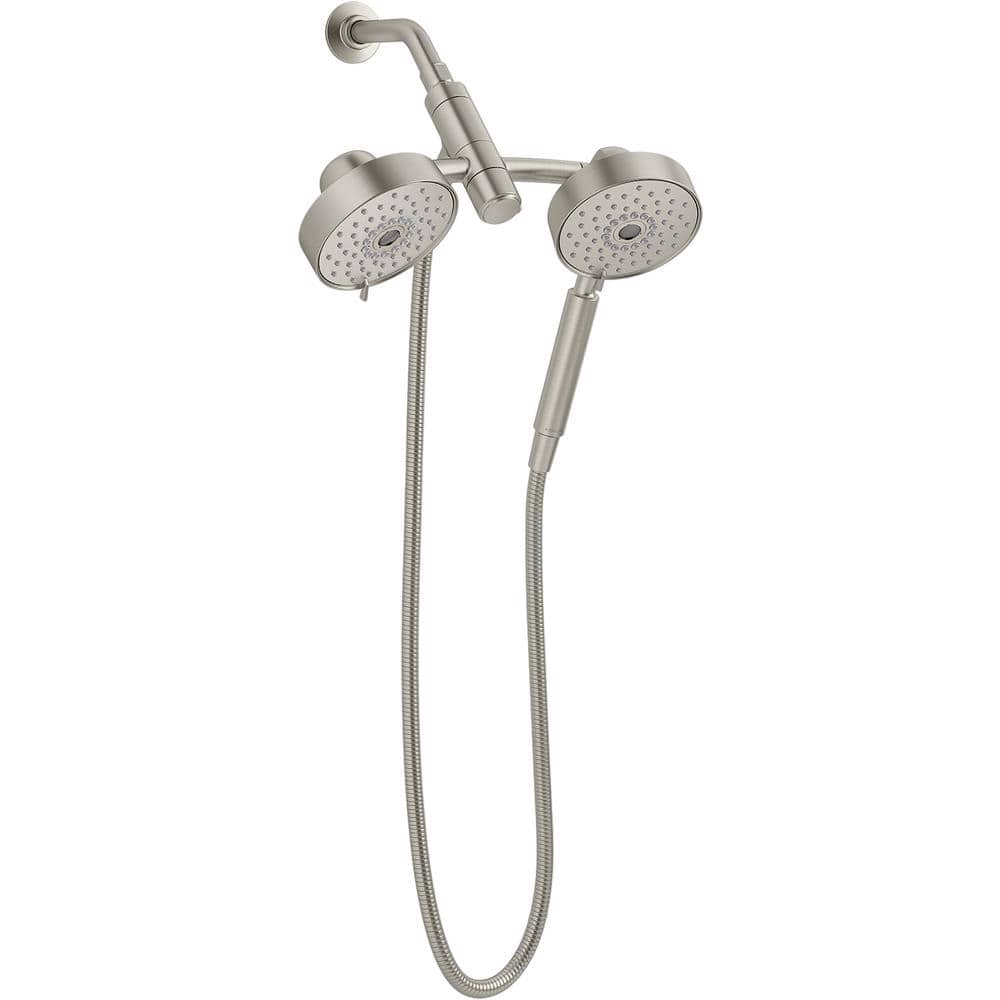 Brushed Nickel Multifunction Dual Shower Head with Metal Hose