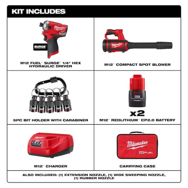 M12 FUEL SURGE 12V 1/4 in. Hex Impact Kit with M12 Compact Spot Blower with 5-Pc Carabiner Hex Holder