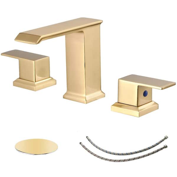 BWE 8 in. Waterfall Widespread 2-Handle Bathroom Faucet With Pop-up Drain Assembly in Spot Resist Gold