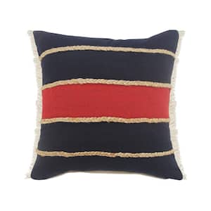 Atlantis Americana Red / Navy Striped Jute Braided Poly-fill 24 in. x 24 in. Throw Pillow