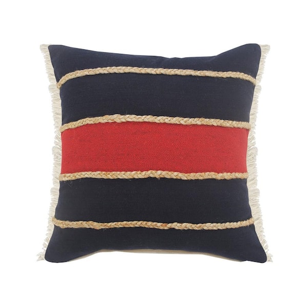 Unbranded Atlantis Americana Red / Navy Striped Jute Braided Poly-fill 24 in. x 24 in. Indoor Throw Pillow