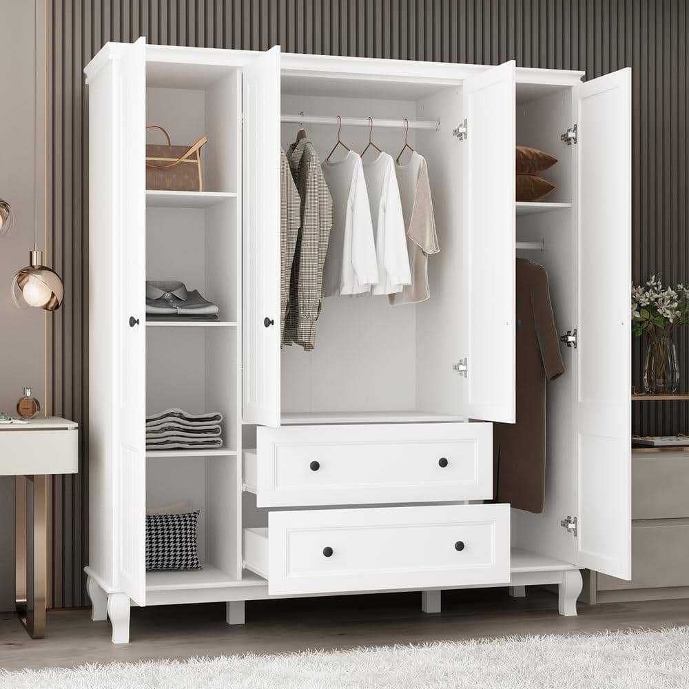 White Wood 63 in. W 4-Door Big Armoires Wardrobe with Hanging Rod, 2-Drawers, Storage Shelves(18.9 in. D x 71.3 in. H) - thumbnail 2