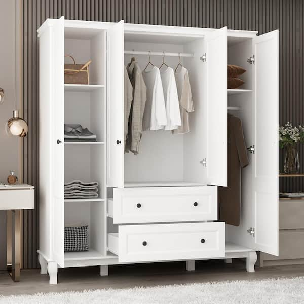 White Wood 63 in. W 4-Door Big Armoires Wardrobe with Hanging Rod, 2-Drawers, Storage Shelves(18.9 in. D x 71.3 in. H)