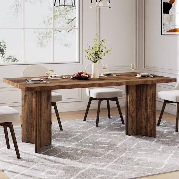 BYBLIGHT Farmhouse Walnut Brown Engineered Wood 63 in. Pedestal Dining Table (Seats-6)