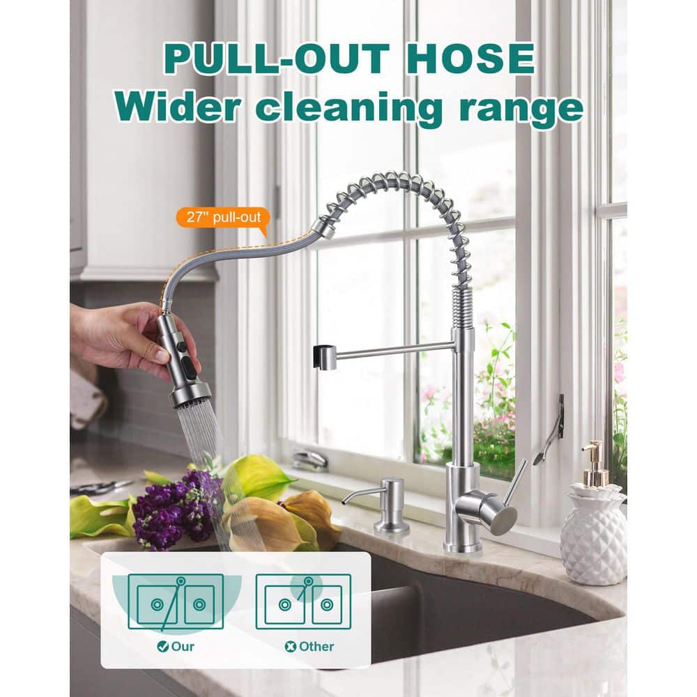Brushed Nickel Single Handle Pull Down Kitchen Faucet with Soap Dispenser