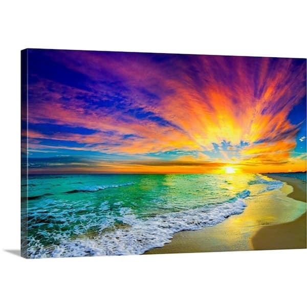 GreatBigCanvas 30 in. x 20 in. "Colorful Ocean Sunset Orange And Red Beach Sunset" by Eszra Tanner Canvas Wall Art