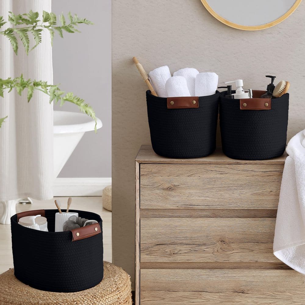 Black Cotton Rope Storage Baskets with Faux Leather Handles