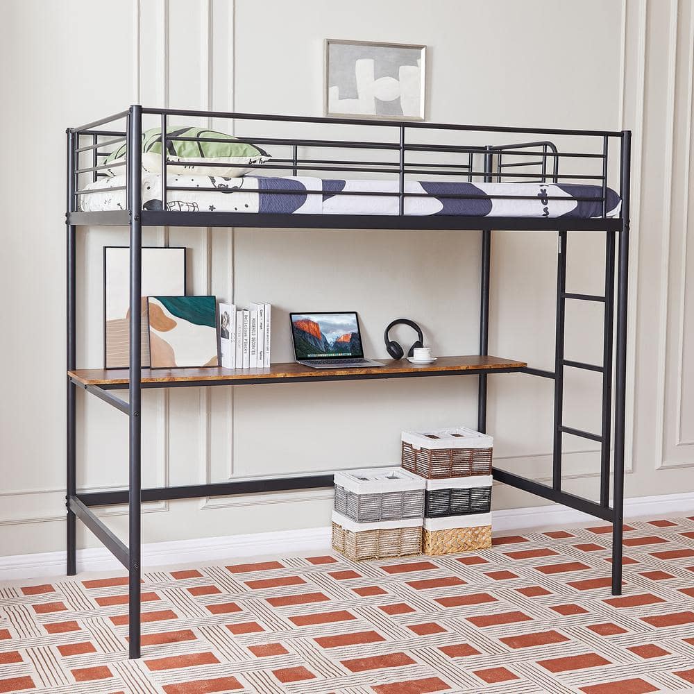 VECELO Metal Loft Bed with Desk, Twin Size Heavy Duty Bedframe with ...