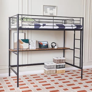 Metal Loft Bed with Desk, Twin Size Heavy Duty Bedframe with Removable Ladder and Safety Guardrail Black Bunk Bed