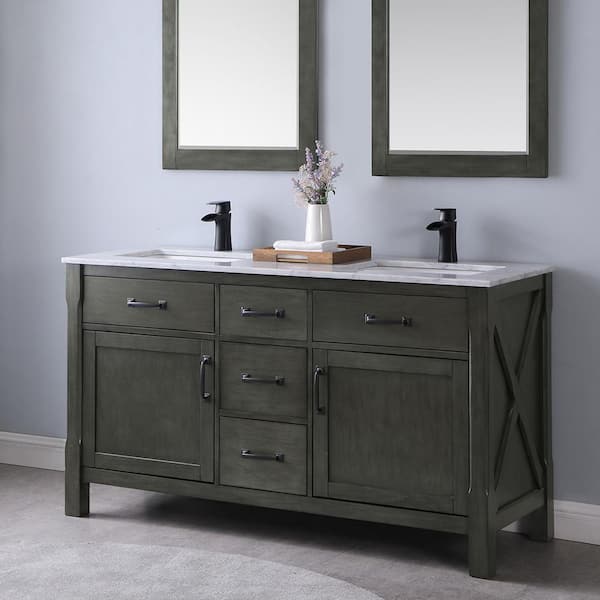 Maribella 60 in. Bath Vanity in Rust Black with Carrara Marble Vanity Top in White with White Basins