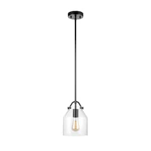 1-Light Matte Black Shaded Pendant Light with Clear Glass Shade