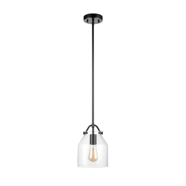 Globe Electric 1-Light Matte Black Shaded Pendant Light with Clear Glass Shade