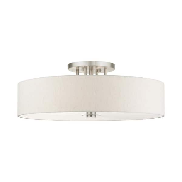 AVIANCE LIGHTING Mercury 30 in. 6-Light Brushed Nickel Semi Flush Mount with Oatmeal Fabric Shade
