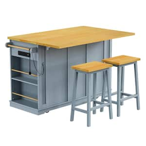 Farmhouse Gray Blue Drop Leaf Wood Tabletop 53 in. Kitchen Island with 2 Bar Stools, Power Outlet and Adjustable Shelves