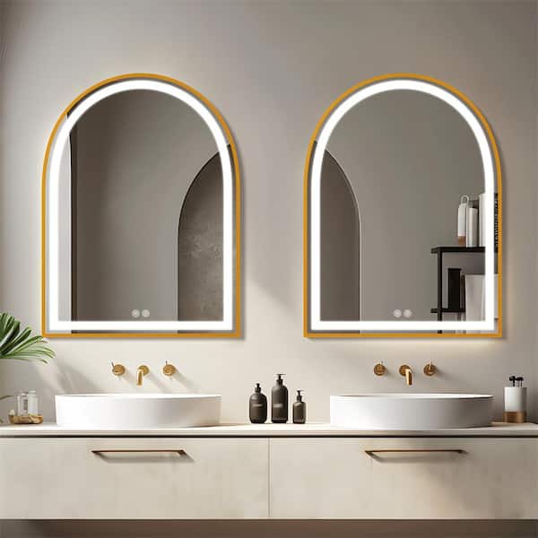 Dovelina 24 in. W x 31 in. H Arched Framed LED Anti-Fog Dimmable Wall Mount Bathroom Vanity Mirror in Gold
