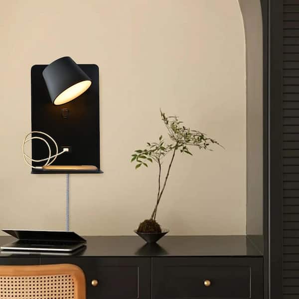 5.5 in. 1-Light Plug in Black LED Rotate Shade Wall Sconces with Shelf and USB port, 7-Watts 3000K Wall Light