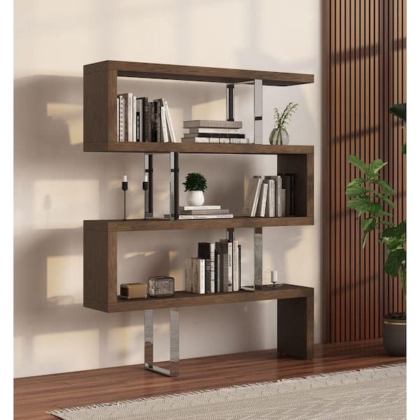 Modrest Maze 67 in. Tall Walnut Metal 4-Shelf Standard Bookcase