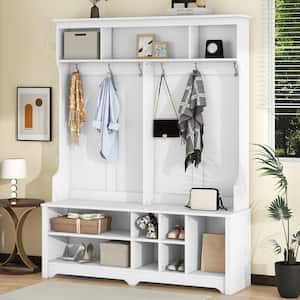 60 in. W x 15.7 in. D x 77.1 in. H Hall Tree White Linen Cabinet with 6 Metal Hooks and Bench